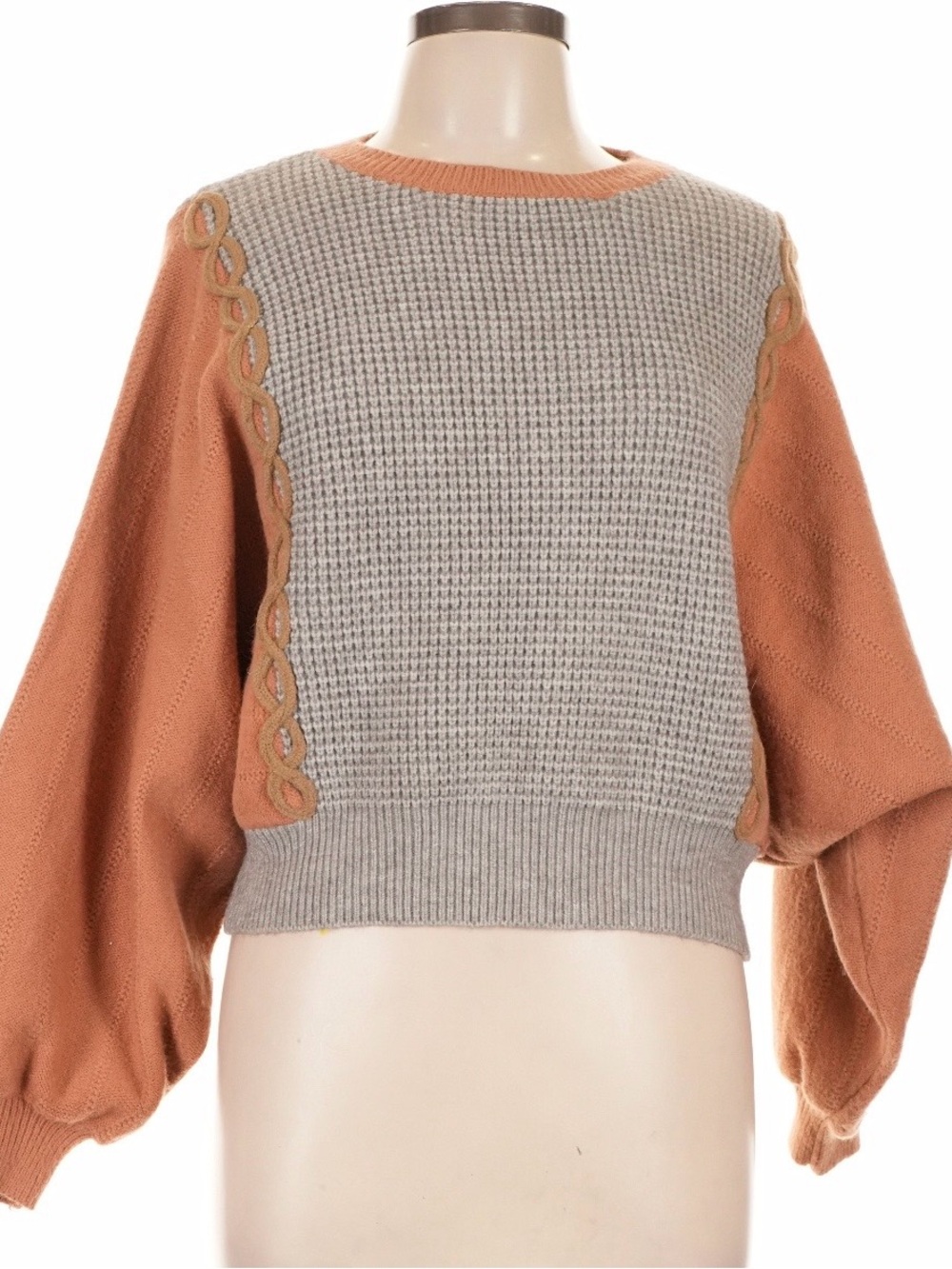&merci Cropped Balloon Sleeve Sweater | Peach + Grey | Size Large